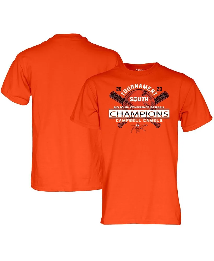 Men's Blue 84 Orange Campbell Fighting Camels 2023 Big South Baseball Conference Tournament Champions T-shirt