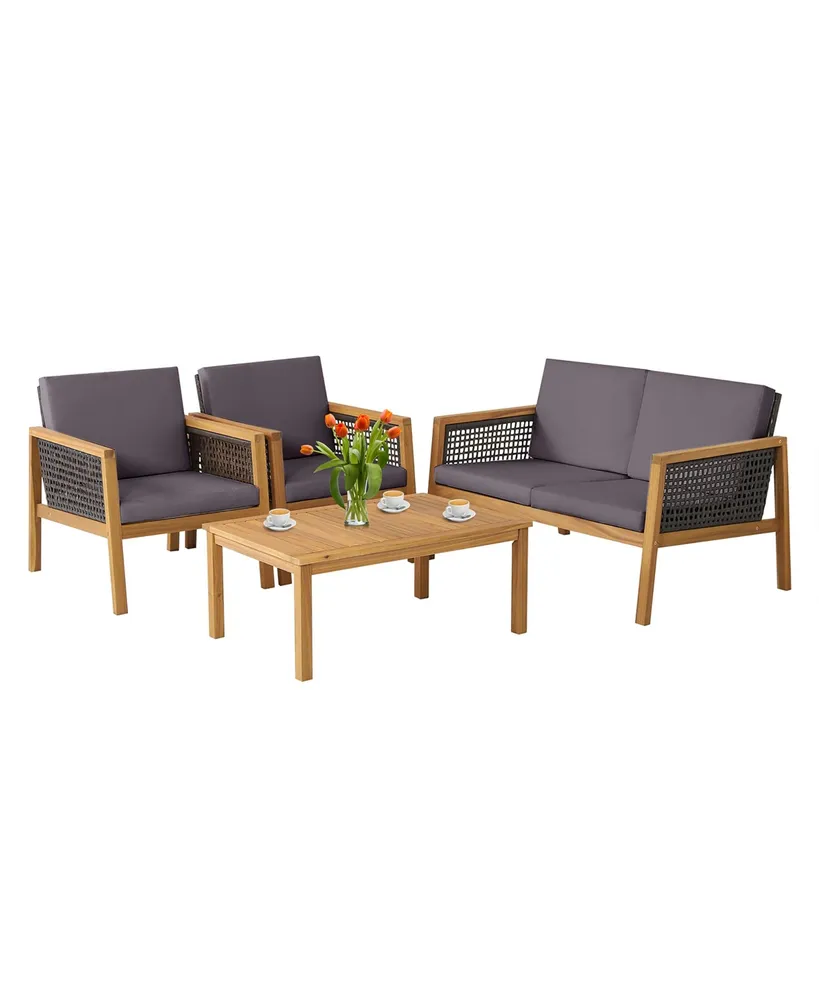 Costway 4PCS Patio Rattan Furniture Set Acacia Wood Cushioned Sofa