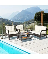 4 Pcs Outdoor Rattan Conversation Set Patio Rattan Sofa Set W/ Protective Cover