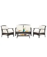 Costway 4 Pcs Outdoor Rattan Conversation Set Patio Rattan Sofa Set W/ Protective Cover