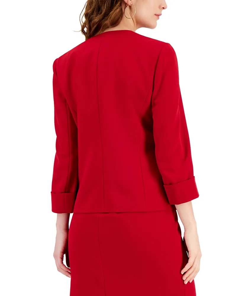 Kasper Petite Stretch Crepe Open-Front Roll-Sleeve Jacket