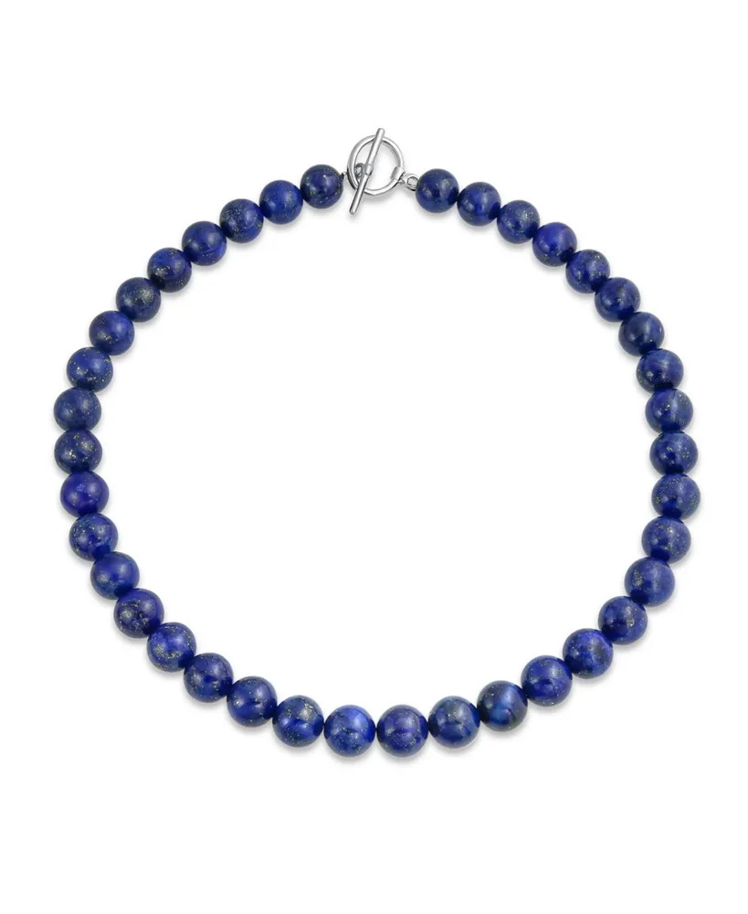 Bling Jewelry Plain Simple Classic Dark Blue Natural Lapis Lazuli Round 10MM Bead Strand Necklace For Women Silver Plated Clasp Inch