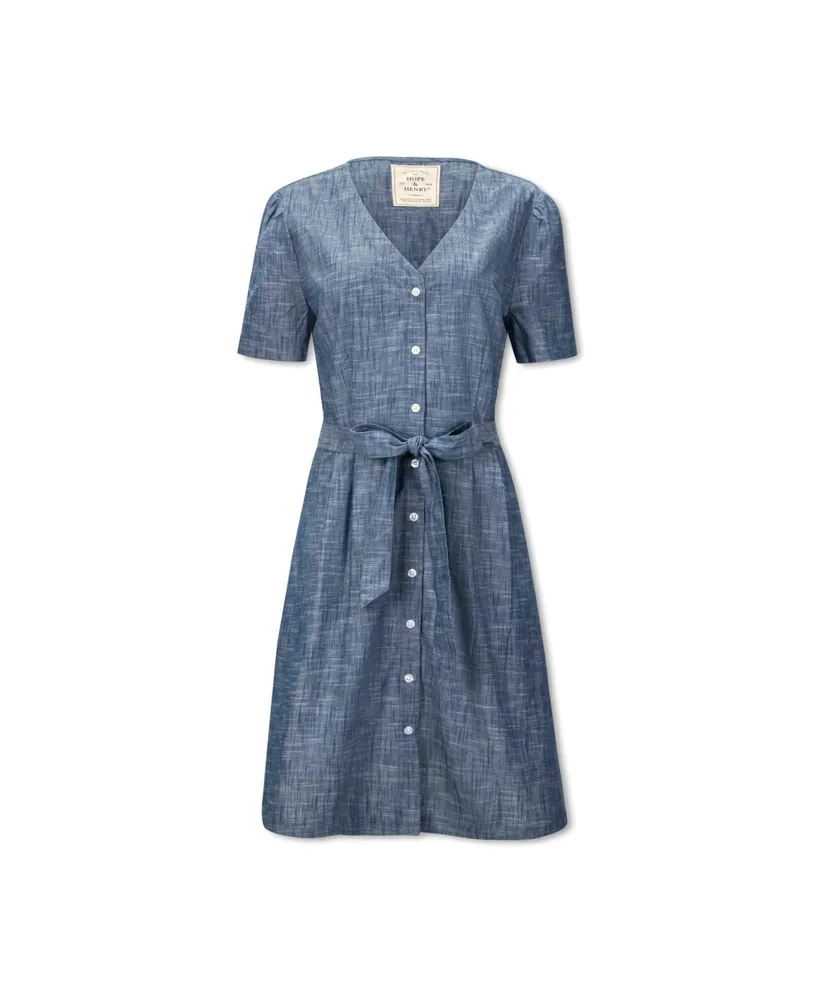Hope & Henry Women's Short Sleeve Button Front Chambray Dress with Waist Sash