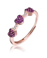 Genevive Sterling Silver 18k Rose Gold Plated with Ruby & Cubic Zirconia Pave Hearts Promise Adjustable Ring