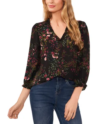 CeCe Women's Floral-Print Ruffled V-Neck Button-Front Top