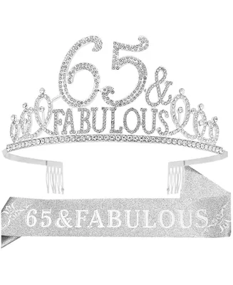 65th Birthday Gifts for women,65th Birthday Tiara and Sash Silver,65th Birthday Decorations Party Supplies,"65&Fabulous" Birthday Satin Sash Crystal T