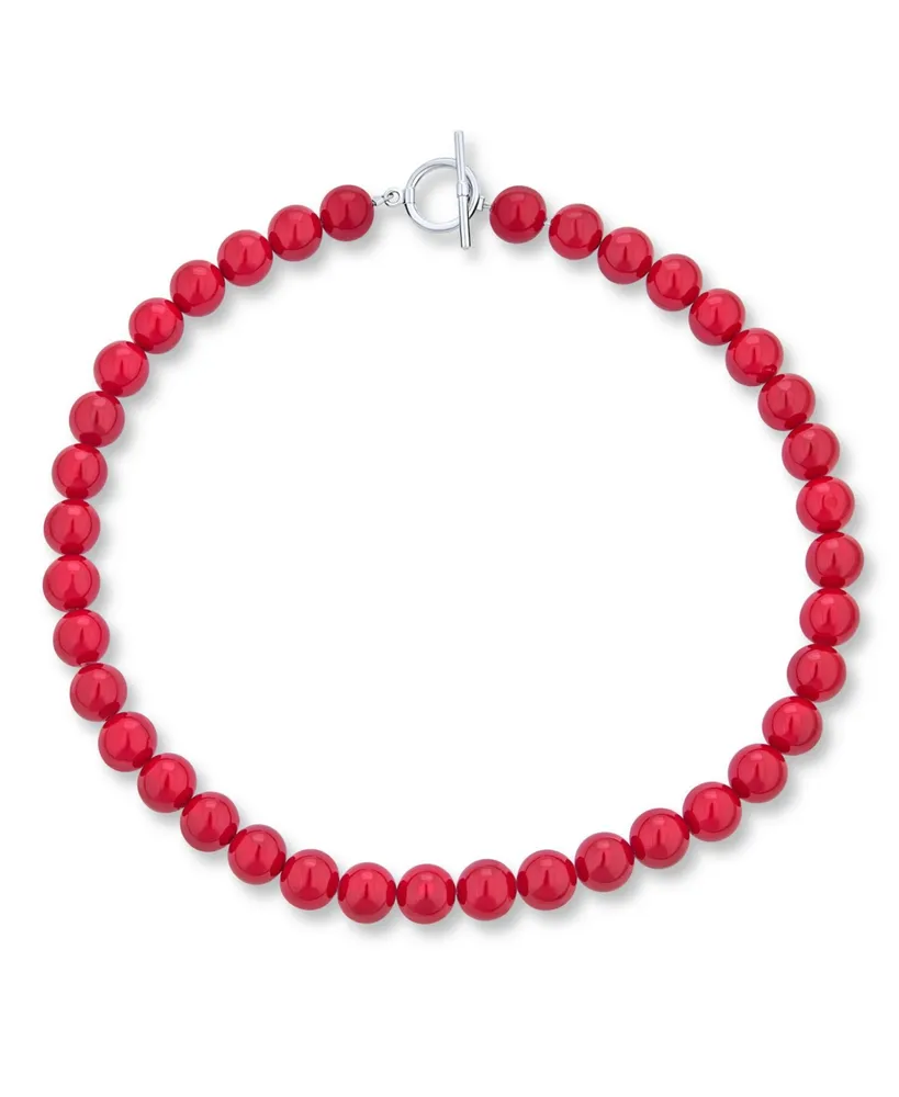 Bling Jewelry Plain Simple Smooth Classic Red Synthetic Calcite Round 10MM Bead Strand Necklace For Women Silver Plated Clasp 16 Inch