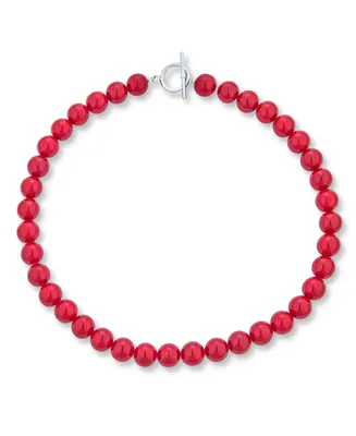 Bling Jewelry Plain Simple Smooth Classic Red Synthetic Calcite Round 10MM Bead Strand Necklace For Women Silver Plated Clasp Inch