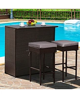 Costway Patio 3PCS Rattan Bar Table Stool Set Cushioned Chairs