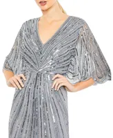 Women's Sequined V Neck Cape Sleeve Column Gown