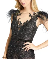 Mac Duggal Women's Embellished Feather Cap Sleeve Illusion Neck Trump