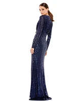 Mac Duggal Women's Floor-Length Sequin Gown Featuring Long Sleeves and Sheer Accents
