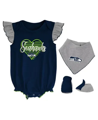 Girls Newborn and Infant College Navy, Heathered Gray Seattle Seahawks All The Love Bodysuit Bib Booties Set