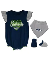 Girls Newborn and Infant College Navy, Heathered Gray Seattle Seahawks All The Love Bodysuit Bib Booties Set