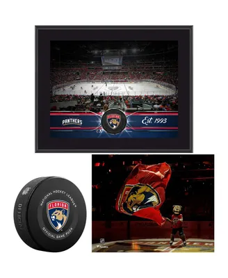 Florida Panthers Young Collectors Bundle - Includes Team Stadium 10.5" x 13" Plaque Official Game Puck and Unsigned 8" x 10" Mascot Photograph