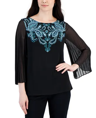 Jm Collection Women's Paisley-Print Pleated-Sleeve Blouse, Created for Macy's