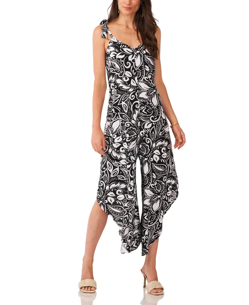 Vince Camuto Women's Printed Tie Shoulder Angled Hem Jumpsuit