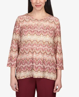 Alfred Dunner Petite Mulberry Street Lace Neck Biadere Top