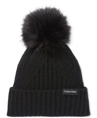 Calvin Klein Women's Ribbed Furry Pom Hat