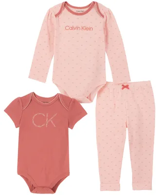 Calvin Klein Baby Girls Logo Print Bodysuits and Joggers, 3-Piece Set