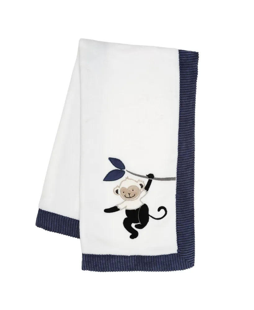 Lambs & Ivy Jungle Party White/Navy Monkey Soft Fleece Baby Blanket