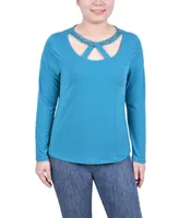 Ny Collection Petite Long Sleeve Jeweled Neck Top