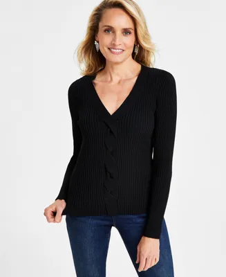 I.n.c. International Concepts Women's Ribbed Cable-Front V-Neck Sweater, Created for Macy's