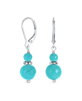 Bling Jewelry Gemstone Natural Blue Turquoise Boho Bali Milgrain Edged Beaded Rondel Separator Double Ball Round Drop Dangle Earrings Sterling Silver