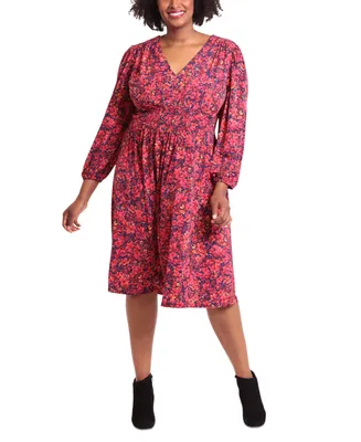 London Times Plus Smocked-Trim Long-Sleeve Dress