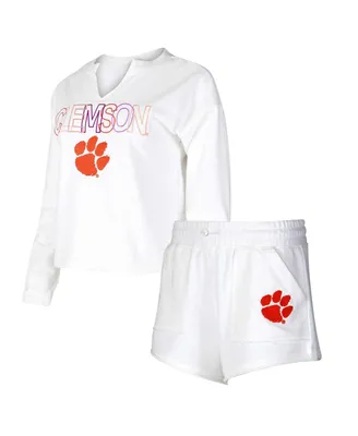 Women's Concepts Sport White Clemson Tigers Sunray Notch Neck Long Sleeve T-shirt and Shorts Set