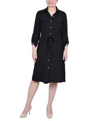 Ny Collection Women's Long Roll Tab Sleeve Shirtdress