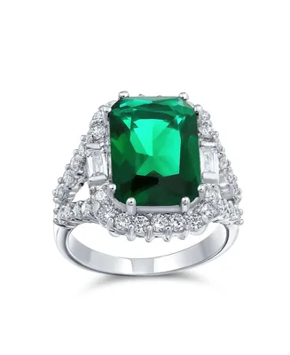 Bling Jewelry 7CT Cubic Zirconia Cz Pave Rectangle Green Simulated Emerald Cut Statement Fashion Ring For Women Rhodium Plated Brass