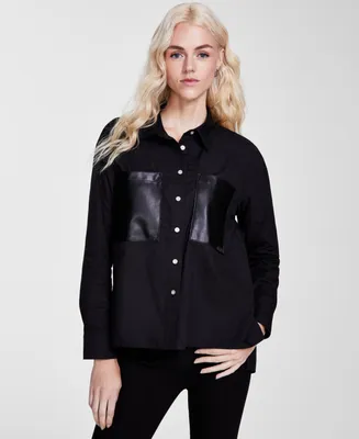 Dkny Jeans Women's Faux-Leather-Pocket High-Low Shirt