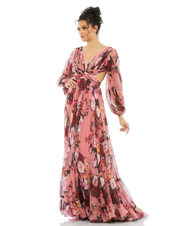 Mac Duggal Women's Ieena Pleated Cut Out Long Sleeve Lace Up Tiered Gown |  MainPlace Mall