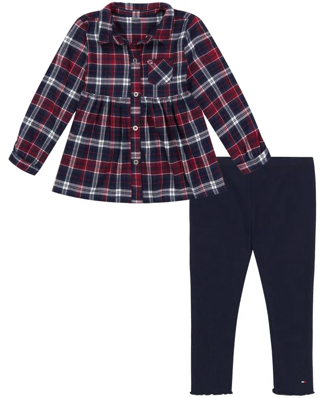 Tommy Hilfiger Little Girls Plaid Flannel Shirt Tunic and Ribbed Leggings,  2 Piece Set