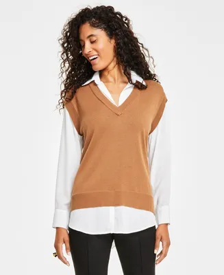 Anne Klein Women's Layered V-Neck Sweater Top