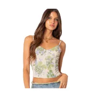 Women's Garden Party Printed Mesh Corset Top - Green-and