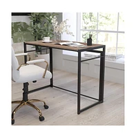 Merrick Lane Perth Folding Computer Desk With Rustic Wood Grain Finish And Metal Frame, Folding Laptop Desk For Home Office