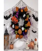Jack-o'-Lantern in Witches Hat Halloween Pine Wreath, 24" Unlit