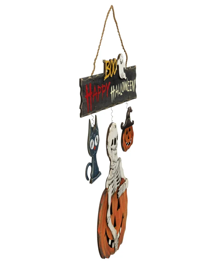 14.5" Skeleton with Jack-o'-Lanterns and Cat "Happy Halloween" Hanging Decoration