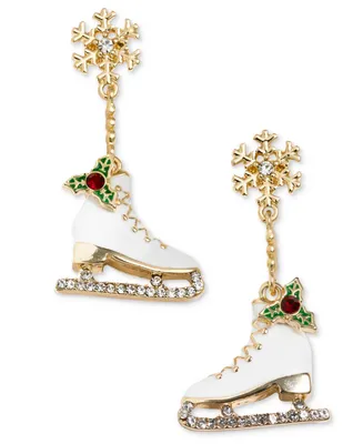 Holiday Lane Gold-Tone Crystal Snowflake & Skate Drop Earrings, Created for Macy's