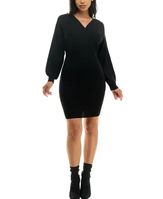 Rosie Harlow Juniors' Long-Sleeve Ribbed Faux-Wrap Sweater Dress