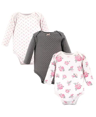 Hudson Baby Girls Cotton Long-Sleeve Bodysuits, Basic Pink Floral, 3-Pack