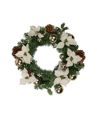 Decorated Cream Colored Poinsettia and Berry Artificial Christmas Wreath 24" Unlit