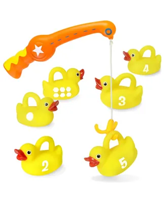 Kidzlane Bathtub Toys Fishing Game - 1 Toy Fishing Pole and 6 Rubber Ducks - Teaches Numbers & Shapes