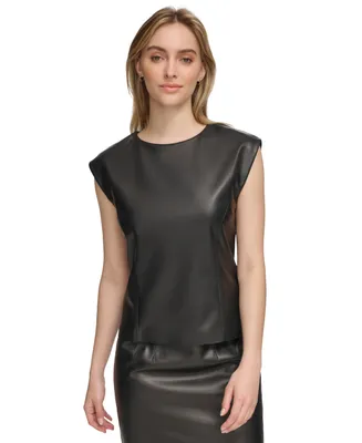 Calvin Klein Women's Faux-Leather Cap Sleeve Top