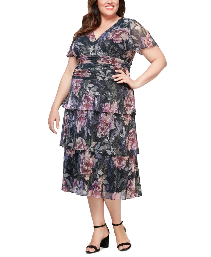 Sl Fashions Plus Floral-Print Tea-Length Ruched-Waist Tiered Dress