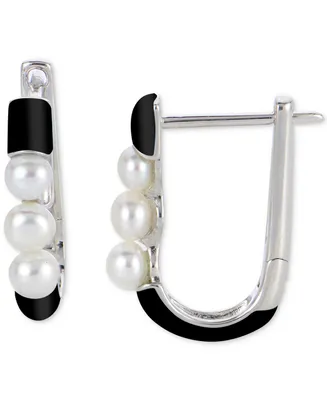 Cultured Freshwater Pearl (3-1/2 - 4mm) & Enamel Oval Hoop Earrings Sterling Silver