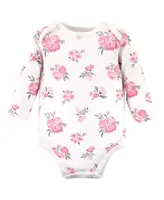 Hudson Baby Girls Cotton Long-Sleeve Bodysuits, Basic Pink Floral, 3-Pack