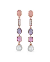 Bling Jewelry Boho Tri Tone Mixed Crystal Accent Linear Thin Long Baroque Pearl Pink Tourmaline Purple Natural Amethyst Dangle Earrings Rose Gold Plat